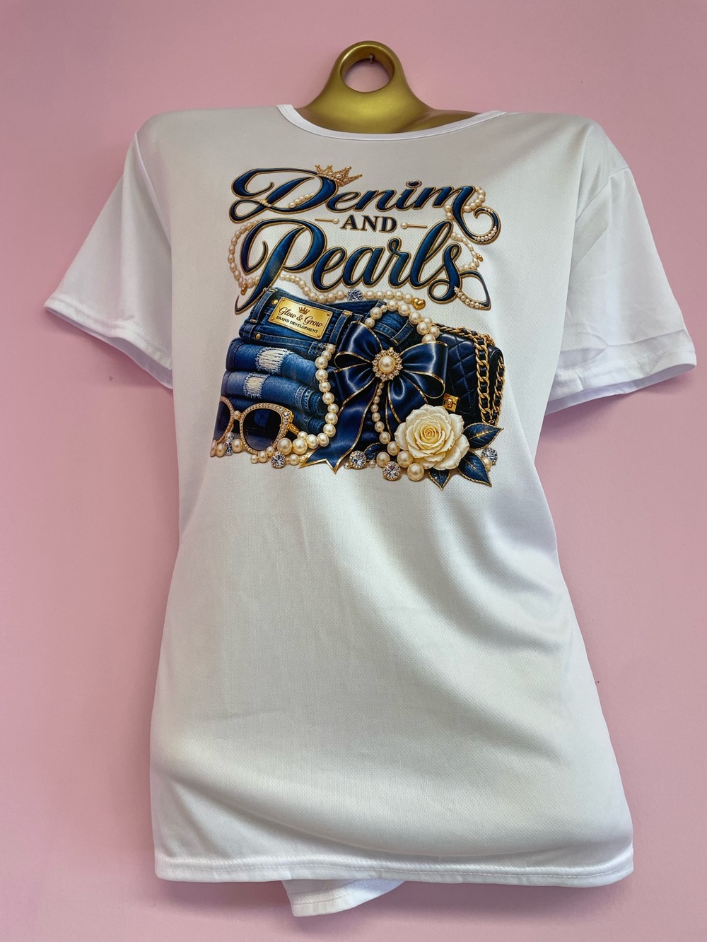 Denim and Pearls Graphic White Women's Tee